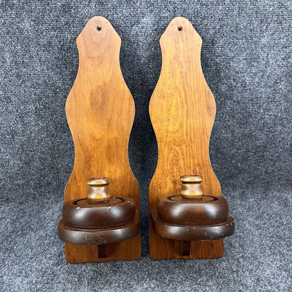 Pair Of Vintage Wood Wall Hurricane Sconce Candle Holders 17" *No Glass Included
